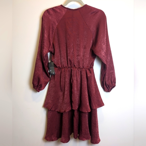 Black Tape_ Sangria Wine Red Tiered Satin Faux Wrap Dress Size XS - Picture 3 of 7